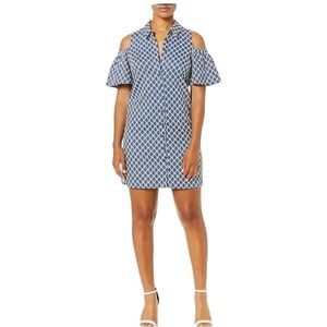 Trina Turk blue & white cold shoulder embroidered dress